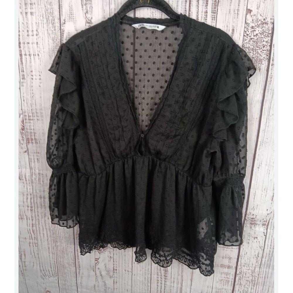 Zara‎ Black Swiss Dot Ruffled Scalopped bottom Sheer Blouse Women's Small